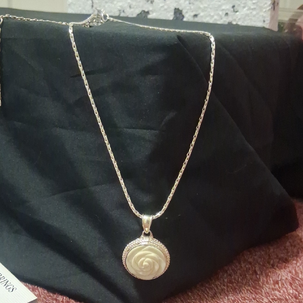 Silver Pendant Necklace with Cream Rose Medallion - Women's Jewelry